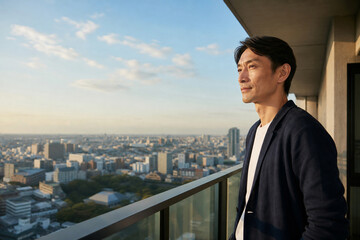Fototapeta premium バルコニーから夕暮れの都市を眺める中年男性