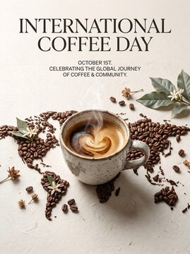 Steaming cup of coffee on a world map made of coffee beans for international coffee day with latte art coffee shop food and drink