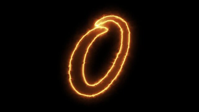 Glowing neon letter o with fiery plasma energy effect on black background, alphabet typography fire