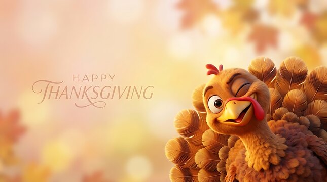 Cute cartoon turkey winking with a happy thanksgiving greeting, set against a warm, blurred autumn foliage background for holiday cards and social media