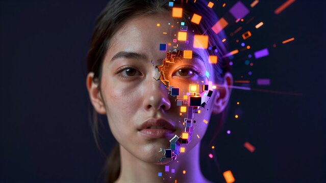 Human face split by glowing digital cubes and vibrant data streams against dark background.