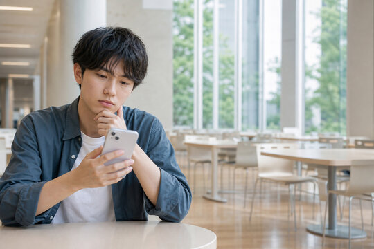 カフェでスマートフォンを見ながら考える若い男性