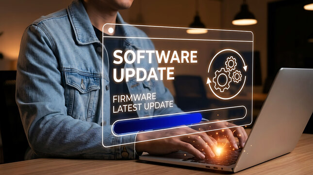 Man updating software and firmware on laptop computer with futuristic graphics