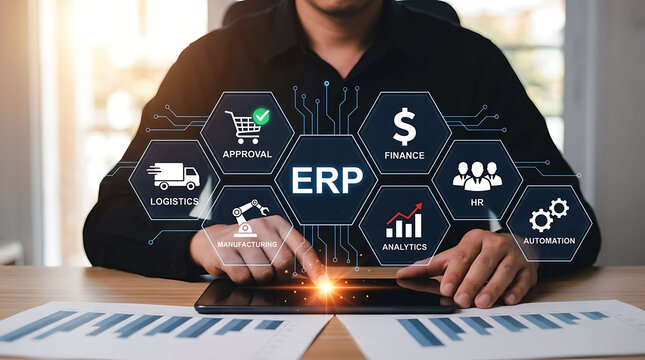 Businessman using tablet with ERP software digital analytics icons and business