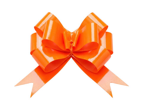 Bright orange decorative bow tied with satin ribbons on a neutral background.