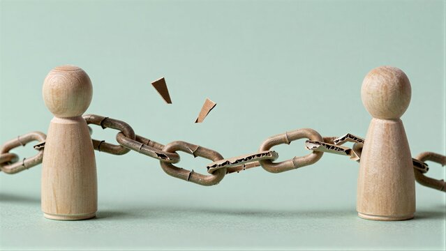 Two wooden figures break a chain, symbolizing freedom from constraints.