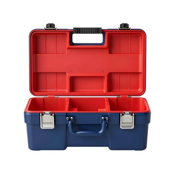Open empty plastic tool box with red interior and blue exterior isolated on white background.