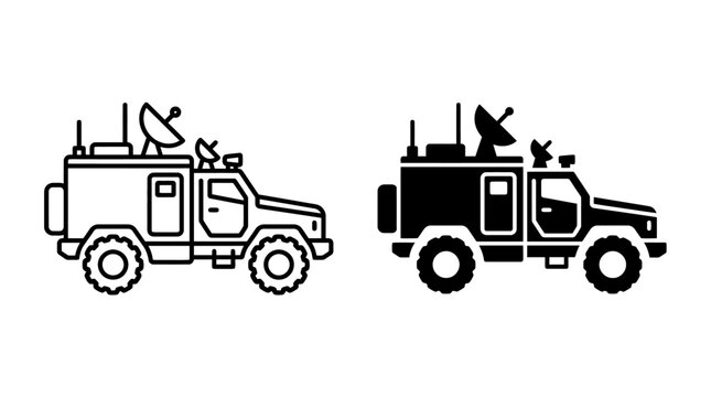 Set of communication vehicle icons with satellite dish and antennas in outline and solid styles.