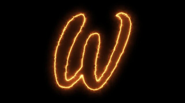 Glowing letter w written in fire, animated calligraphy alphabet character with burning flame effect on black background