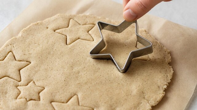 Cookie cutter pressing shapes into dough sheet