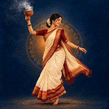 Graceful indian dancer in traditional attire performing with a smoking clay pot against a vibrant blue background celebrating durga puja and navratri