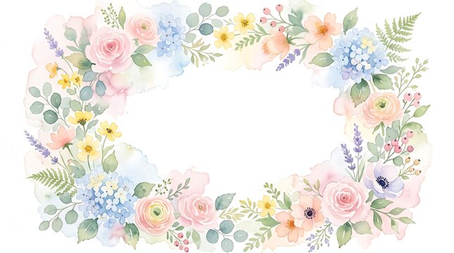 パステルカラーの水彩花で縁取ったフレーム