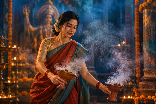 Beautiful indian woman holding smoking dhunuchi pot during authentic durga puja and navratri festival rituals inside decorated traditional temple illuminated by lamps