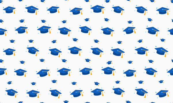 Seamless pattern of blue graduation caps with tassels on white