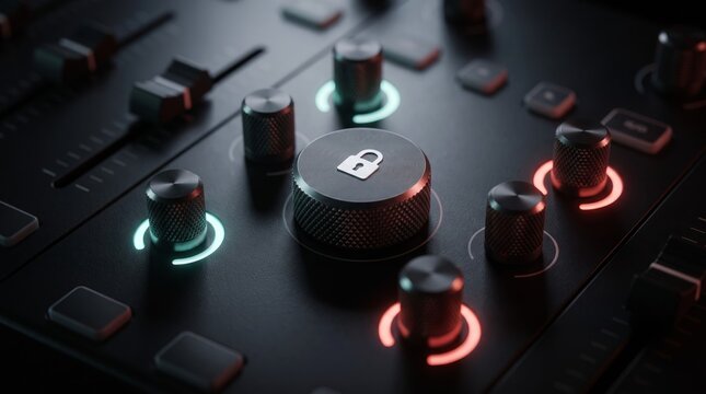 Detailed black audio mixing console featuring metallic silver volume knobs with glowing green and red indicator lights for modern security