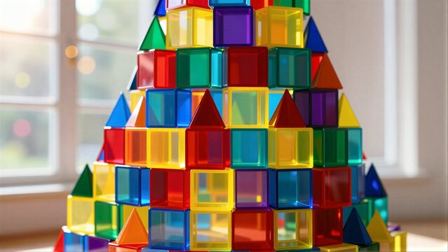 Colorful transparent blocks form a vibrant, playful tower by a window.