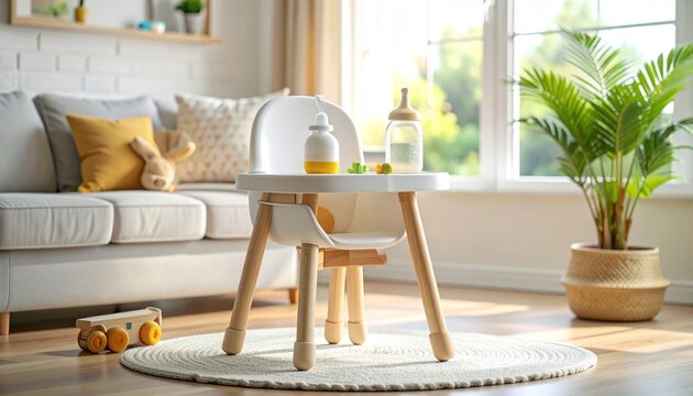 Modern Baby High Chair with Feeding Bottles and Snacks in Bright Living Room