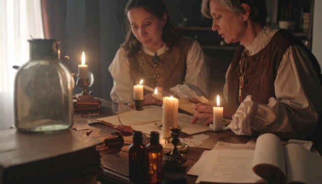 Two women in historical attire studying old documents and books by candlelight, engaging in historical research or scholarly work.