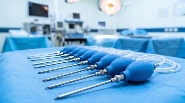 Sterile surgical trocars with blue rubber bulbs arranged in a precise row on a clean medical table for operation procedures