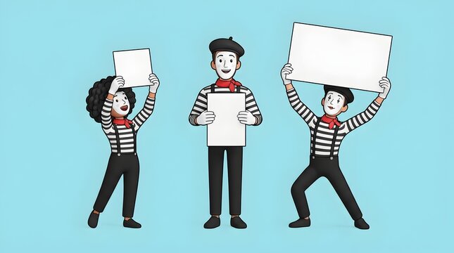 Three creative mimes presenting empty posters in different poses