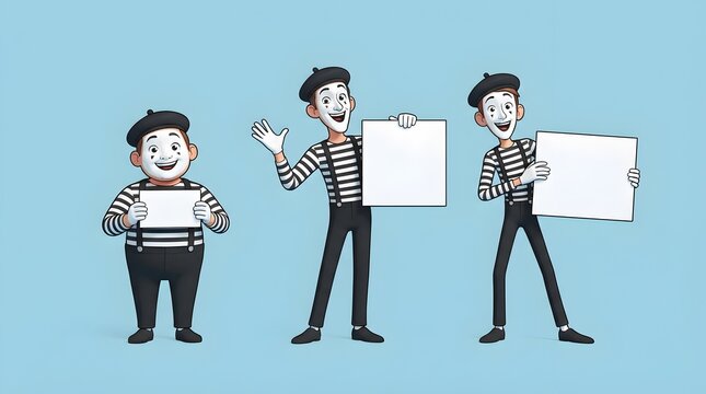 Three smiling mime artists showing blank boards to audience
