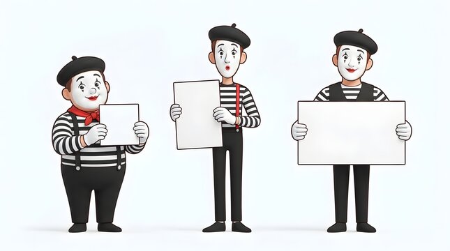Three cartoon mimes standing together holding white blank placards