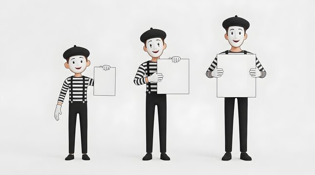 Set of mime actors wearing classic striped outfits and berets holding signs