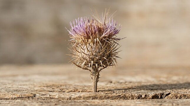 Wild purple thistle flower in desert landscape, spiky milk thistle plant in natural sunlight, earthy botanical macro photo