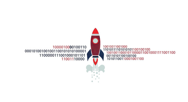 Rocket Launching with Binary Code Data for Digital Startup Growth Concept