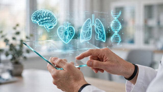 Medical technology digital health hand tablet hologram brain heart lung dna doctor