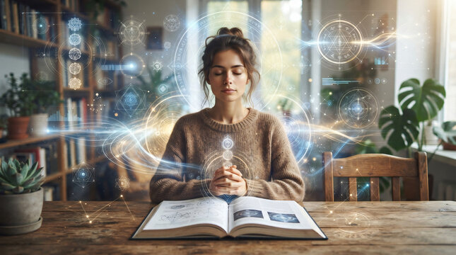 Creative high definition microstock video interface design layout overlaying young woman sitting quietly clasped hands deep spiritual meditation open textbook wood table scene