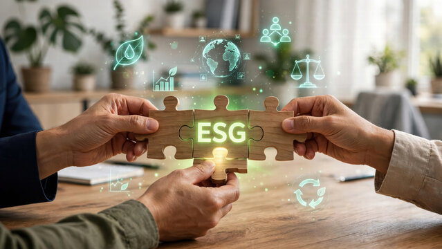 Environmental social governance wooden puzzle business meeting teamwork hands sustainability office collaboration strategy responsibility