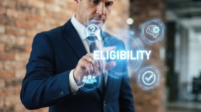 Professional examining eligibility criteria on digital interface with floating icons with businessperson interacts digital eligibility surrounded related