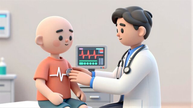 Doctor checks a child's heart with stethoscope in hospital room.