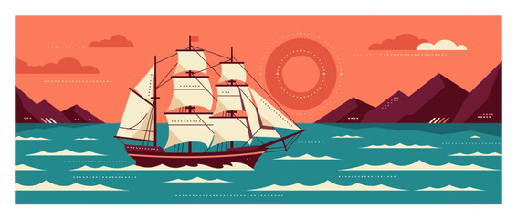 Flat Vector Illustration of a Vintage Sailing Ship on the Sea © Langsung