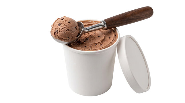 Chocolate ice cream in white paper tub with metal scoop, creamy cocoa gelato with chocolate chips, gourmet frozen dessert packaging isolated PNG with Transparent Background