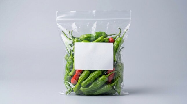 Fresh Green Shishito Chili Peppers in Transparent Plastic Ziplock Bag with Blank White Label for Mockup Product Packaging