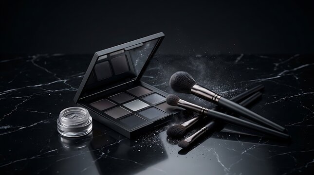 Eyeshadow palette with makeup brushes and a small jar on a dark reflective surface. smoky eye tutorial