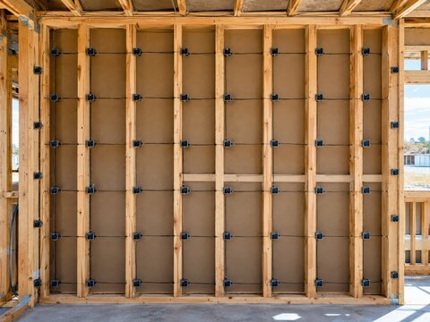 Timber stud wall mid construction with wireless sensor nodes before plasterboard installation in daylight