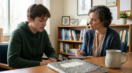 Fototapeta premium Teenage boy discussing problems with female counselor in office. Young male student receiving mental health guidance and emotional support
