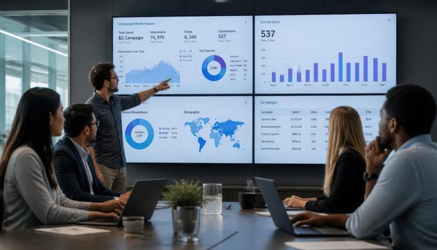 Diverse professional team analyzing marketing data on large digital screens in a modern office boardroom