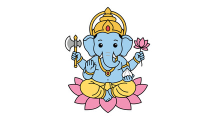 Fototapeta premium Minimalist Chibi Ganesha Illustration, Cute Blue Elephant Deity Sitting on Pink Lotus Flower with Axe and Modak, Traditional Hindu God Vector Icon Isolated on White Background