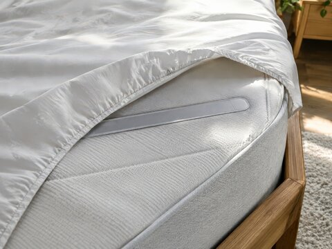 Folded back corner of a made bed shows a thin sleep sensing strip below the fitted sheet in morning light