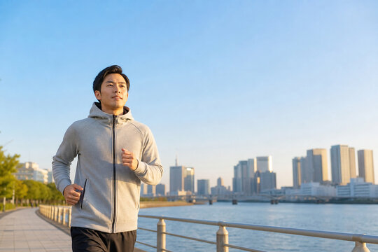 青空の下でランニングする男性