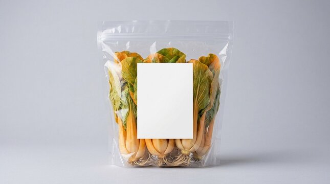 Fresh Green Leafy Vegetables in Transparent Plastic Zipper Bag with Blank White Label Mockup on Gray Background