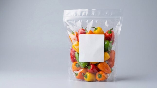 Fresh Mini Sweet Peppers in Transparent Plastic Zip Pouch with Blank White Label Mockup for Grocery and Retail Packaging Design