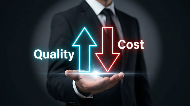 Businessman holding hologram showing increase quality and decrease cost concept