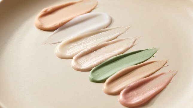Cosmetic cream and makeup foundation swatches in various skin tones and colors on a smooth surface. makeup primer test
