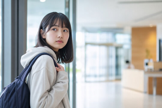 大学または専門学校の廊下でリュックを背負い振り返る日本人女子学生