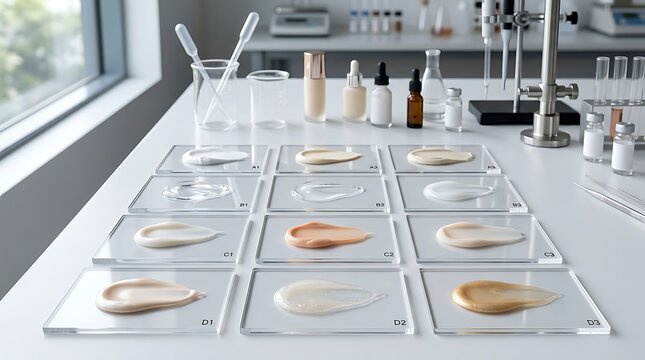 Cosmetic cream samples on glass plates in a modern laboratory for skincare product testing. makeup primer test